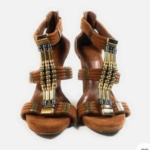 Tory Burch Brown Sued Beaded Heeled Sandals